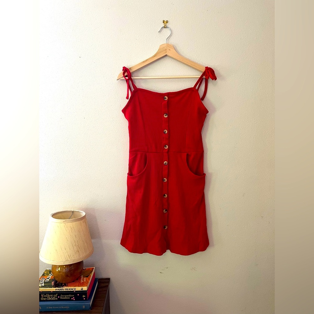 Red Tie Top Mini Dress with buttons and pockets